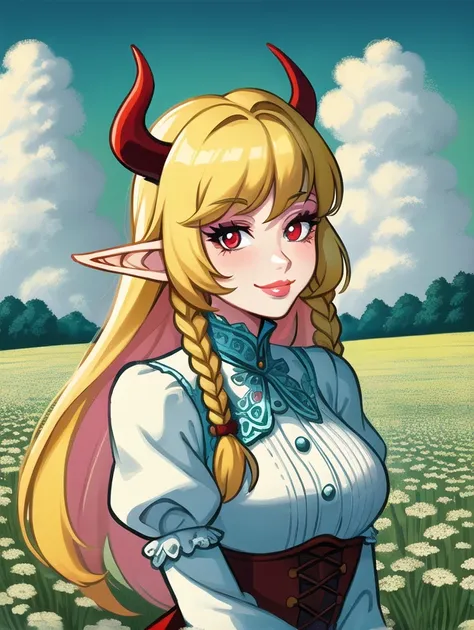 (masterpiece, beautiful, highres), illustration, 1girl, solo, (((cartoon style: 1))), (western cartoon), demon girl with red horns standing in a meadow, meadow background, portrait, smiling, blonde braided  long hair, cute, pink lips, red eyes, young adult, white frilled dress, fluffy clouds, red hue skin, medium breast, looking at viewer, bright colors, daytime, ((front facing: 3)), (full lips: 2), closed mouth, thick lineart: 0.7, upper body focus, elf ears