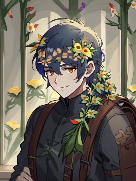 (masterpiece, beautiful, highres), illustration, detailed, 1guy, solo, (((cartoon style: 0.85))), anime, ((front facing: 3)), thick lineart: 0.85, upper body focus, sole male, ((((adult male)))), green eyes, orange hair, ((flowers growing on hair:2)), adventurer's garb, leather backpack, detailed forest, daytime, natural lighting, smiling