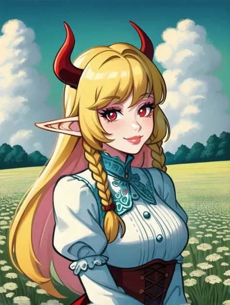 (masterpiece, beautiful, highres), illustration, 1girl, solo, (((cartoon style: 1))), (western cartoon), demon girl with red horns standing in a meadow, meadow background, portrait, smiling, blonde braided long hair, cute, pink lips, red eyes, young adult, white frilled dress, fluffy clouds, red hue skin, medium breast, looking at viewer, bright colors, daytime, ((front facing: 3)), (full lips: 2), closed mouth, thick lineart: 0.7, upper body focus, elf ears