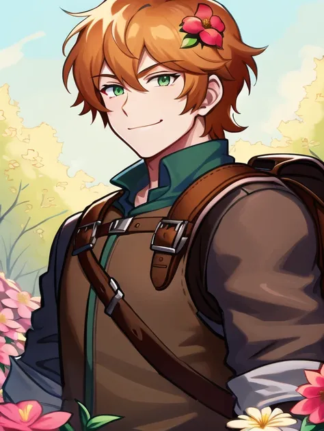 (masterpiece, beautiful, highres), illustration, detailed, 1guy, solo, (((cartoon style: 0.85))), (western cartoon), ((front facing: 3)), thick lineart: 0.9, upper body focus, sole male, ((((adult male)))), green eyes, orange hair, ((((flowers growing around hair)))), adventurer's garb, leather backpack, detailed forest, daytime, natural lighting, smiling