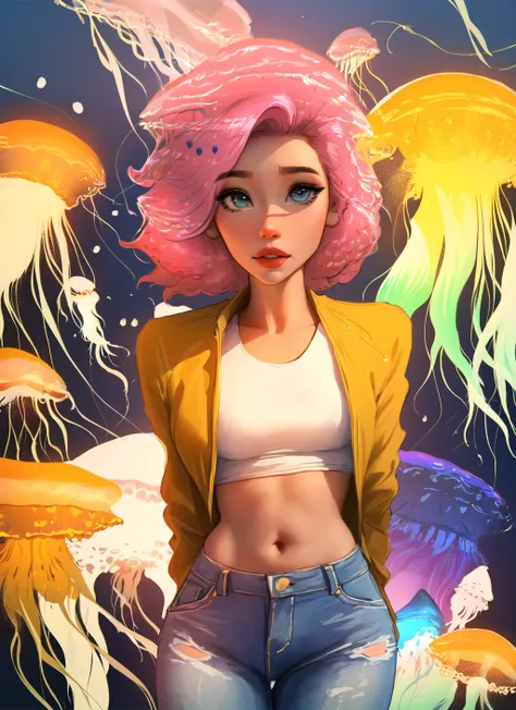 sam yang, 1girl, (jellyfish hair:1.5), (peach hair:1.1), (flattop:1.4), hair clip, covered nipples, puffy nipples, raglan top, jeans, detailed_eyes, spoken_heart, arms behind back, large breasts, <lora:samdoesartsSamYang_normal:0.95>