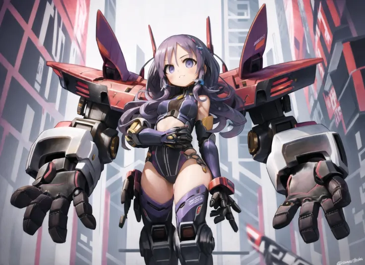 art by nanatsuta, realistic, 1girl, purple hair, multi-tied hair, mecha_musume, with extremely large robotic hands, large mecha arm, tiny breasts, thick thighs <lora:large_mecha_arm_v1:1> <lora:nanatsuta-1740it-novae:1.3>