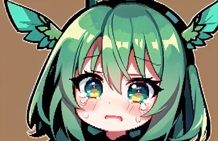 (1girl), (chibi:1.2),(outline:1.3), in hell, green background, (extremely detailed face, beautiful detailed eyes:1.1), tilt shift, scenery, demon, wings, red skin, (masterpiece:1.2), (best quality:1.2), Amazing, highly detailed, beautiful, finely detail, extremely detailed 8k wallpaper, crying crying with eyes open, aqua, 1girl, (pixel art)