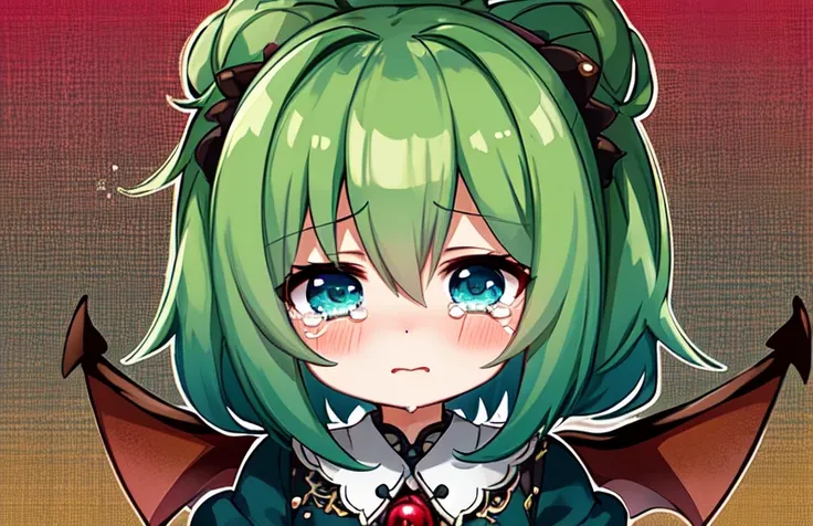 (1girl), (chibi:1.2),(outline:1.3), in hell, green background, (extremely detailed face, beautiful detailed eyes:1.1), tilt shift, scenery, demon, wings, red skin, (masterpiece:1.2), (best quality:1.2), Amazing, highly detailed, beautiful, finely detail, extremely detailed 8k wallpaper, crying crying with eyes open, aqua