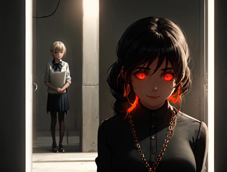 anime illustration,(2girls:1.7), as they stand side-by-side, looking determined and resolute, background should be a dark, abandoned laboratory, with pipes and wires in the background, and with a single door leading to the outside world, girls should look like they are about to make their escape, with their bags packed and their heads held high, The overall feel should be tense and suspenseful, with a sense of danger and urgency, as girls bravely face the unknown in order to escape from Haven. one girl typically wears a simple dress and a pair of shoes, with her hair tied back in a ponytail. second girl typically wears a school uniform, with her hair styled in pigtails.
 (glowing_eye:1.2), scary, detailed_eyes, (duality_style:0.3), (line_style:1), (minimal_gradient:0.7), (nixeu_basic2:0.7), (nixeu_extra:0.7),(nixeu_soft:0.7),(nixeu_white:0.7), (dark_fantasy:1), (flame_surge_style:1),bloody, evil, dark,moody, spooky background, villian, colorful, beautiful, braided, (chains), somber expression, looking down, dark energy, colorful, vibrant colors, portal to another world, red nail polish, side view, ultra realistic, intricate details, elegant, hyper realistic, tonemapping, hyperfocus, sharp focus, hyperdetailed,intricated detail, shiny, realism, [colorful], [volumetric lighting],photorealistic realistic, luxurious, detailed, cinematic, depth of field, octane render,realistic lighting, cinematic lighting, small gold particles, best_quality, big smile, oversized jacket, good_anatomy, highly detailed, fit, ultra realistic, highres, superb, 8k wallpaper, extremely detailed, intricate, limited palette, ,smile, (freckles:0.5), small details, ultra detailed, close fists, c_cup, confused, fragance rose, red, black, white, gold, Decapitation of the damned, volumetric lighting, realistic, realistic lighting, cinematic, 4k, cinematic lighting, 8k,  masterpiece, perfect, award-winning,hyper-detailed, photorealistic, ultra realistic, realistic light, unity, hard lighting, intricate details,