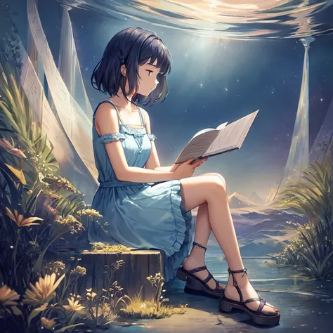 anime illustration of girl,(Age: 16, Height: 5'3", Personality: Caring, empathetic, introspective, Clothing: Typically wears a simple sundress and sandals,Accessories: Carries a dream journal with her at all times), the protagonist of "Nighttime Whisper", as she sits in a quiet, contemplative pose, holding her dream journal. The background should be a surreal representation of her inner world, with floating imagery and abstract shapes that suggest the subconscious mind. The overall feel should be introspective and moody, with a sense of mystery and wonder lurking just below the surface. Ayumi should have a soft, dreamy expression, as if she is lost in thought and far away from the world around her.