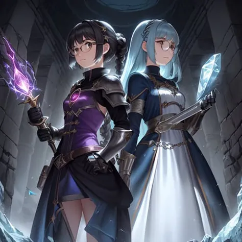 illustration of Mira and Luna, the main characters of "Sisters of the Alchemy",
Mira (Age: 18,Height: 5'5",Personality: Confident, bold, and curious,Clothing: Typically wears a long red coat and black pants, with a white shirt and black boots,Weapon: A pair of gauntlets that allow her to transmute without a circle),
Luna (Age: 16,Height: 5'2",Personality: Shy, ,introspective and kind,Clothing: Typically wears a blue dress and white apron, with a pair of glasses perched on her nose,Weapon: A large tome filled with alchemical knowledge and spells),
as they stand back-to-back, with determined expressions on their faces. The background should be a fantastical representation of their world, filled with magic and technology, with floating crystals and ancient ruins suggesting the history and power of alchemy. The overall feel should be adventurous and epic, with a sense of wonder and excitement. Mira and Luna should look confident and capable, ready to face whatever challenges lie ahead.