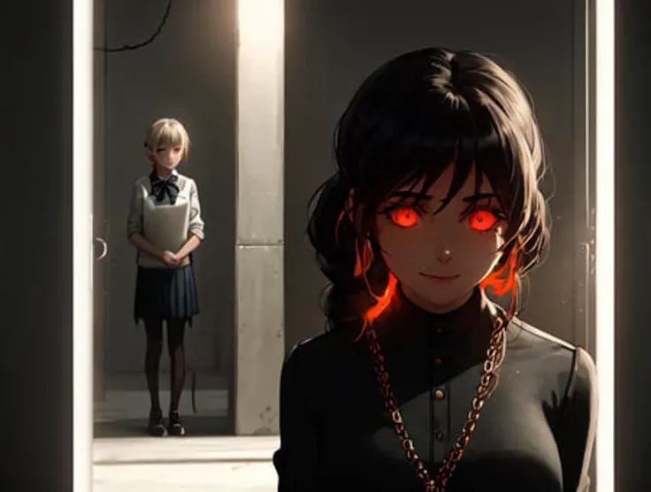 anime illustration,(2girls:1.7), as they stand side-by-side, looking determined and resolute, background should be a dark, abandoned laboratory, with pipes and wires in the background, and with a single door leading to the outside world, girls should look like they are about to make their escape, with their bags packed and their heads held high, The overall feel should be tense and suspenseful, with a sense of danger and urgency, as girls bravely face the unknown in order to escape from Haven. one girl typically wears a simple dress and a pair of shoes, with her hair tied back in a ponytail. second girl typically wears a school uniform, with her hair styled in pigtails.
 (glowing_eye:1.2), scary, detailed_eyes, (duality_style:0.3), (line_style:1), (minimal_gradient:0.7), (nixeu_basic2:0.7), (nixeu_extra:0.7),(nixeu_soft:0.7),(nixeu_white:0.7), (dark_fantasy:1), (flame_surge_style:1),bloody, evil, dark,moody, spooky background, villian, colorful, beautiful, braided, (chains), somber expression, looking down, dark energy, colorful, vibrant colors, portal to another world, red nail polish, side view, ultra realistic, intricate details, elegant, hyper realistic, tonemapping, hyperfocus, sharp focus, hyperdetailed,intricated detail, shiny, realism, [colorful], [volumetric lighting],photorealistic realistic, luxurious, detailed, cinematic, depth of field, octane render,realistic lighting, cinematic lighting, small gold particles, best_quality, big smile, oversized jacket, good_anatomy, highly detailed, fit, ultra realistic, highres, superb, 8k wallpaper, extremely detailed, intricate, limited palette, ,smile, (freckles:0.5), small details, ultra detailed, close fists, c_cup, confused, fragance rose, red, black, white, gold, Decapitation of the damned, volumetric lighting, realistic, realistic lighting, cinematic, 4k, cinematic lighting, 8k,  masterpiece, perfect, award-winning,hyper-detailed, photorealistic, ultra realistic, realistic light, unity, hard lighting, intricate details,