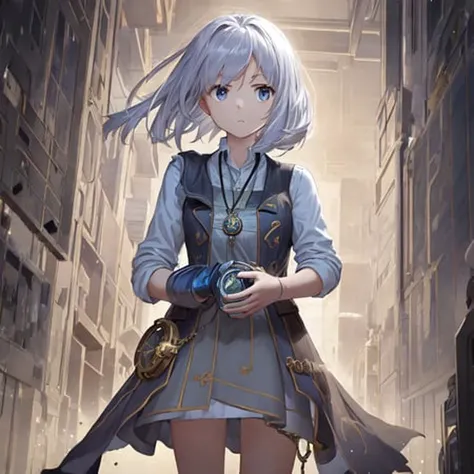 anime illustration of young girl, the protagonist of "Chrono Shift", as she stands confidently with a determined expression, holding her silver pocket watch in her hand. The background should be a vague and abstract representation of time, with swirling vortexes and streams of energy that suggest the unstable nature of time in the series. The overall feel should be intense and full of adventure, with a sense of danger lurking just behind the scenes.