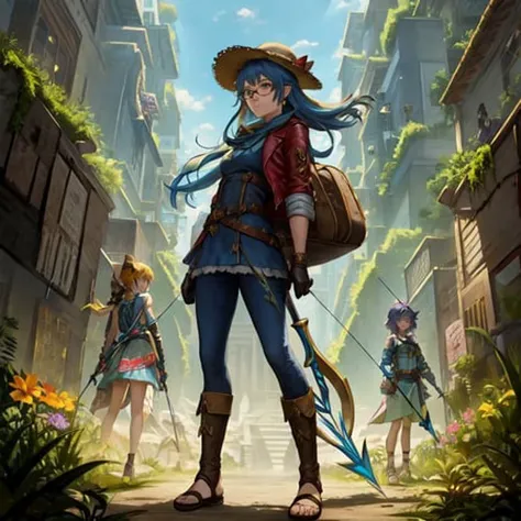 an anime illustration of Sora, Nami, Aria, and Kira, the main characters of "Huntresses of the World",
Sora (Age: 19,Height: 5'7",Personality: Confident, charismatic, and adventurous,Clothing: Typically wears a green outfit and a wide-brimmed hat, with a pair of binoculars hanging from her neck,Weapon: A pair of throwing knives),
Nami (Age: 17,Height: 5'3",Personality: Shy, kind, and intelligent,Clothing: Typically wears a yellow sundress and a pair of sandals, with a large bag filled with supplies,Weapon: A collapsible staff that can be used for both defense and offense),
Aria (Age: 18,Height: 5'6",Personality: Brave, fiery, and passionate,Clothing: Typically wears a red leather jacket and a pair of boots, with a pair of earrings that resemble flames,Weapon: A pair of guns that can fire both regular bullets and magical ones),
Kira (Age: 20,Height: 5'8",Personality: Calm, collected, and strategic,Clothing: Typically wears a blue bodysuit and a pair of gloves, with a pair of glasses that can analyze and track creatures,Weapon: A bow that can fire both regular arrows and special ones),
,as they stand together, looking determined and ready for action. The background should be a dense jungle, filled with vines and leaves, with a distant glimpse of a treasure-filled temple suggesting the goal of their quest. The overall feel should be adventurous and thrilling, with a sense of danger and excitement. The huntresses should look confident and capable, with a sense of camaraderie and friendship between them.