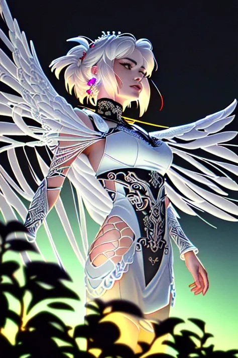 complex 3d render ultra detailed of a beautiful death angel, biomechanical cyborg, analog, 150 mm lens, beautiful natural soft rim light, big leaves and stems, roots, fine foliage lace, colorful details, samourai, Boris Bidjan Saberi outfit, pearl earring, piercing, art nouveau fashion embroidered, intricate details, mesh wire, mandelbrot fractal, anatomical, facial muscles, cable wires, microchip, badass, hyper realistic, ultra detailed, octane render,  volumetric lighting, 8k post-production, red and white with a bit of black, detailled metalic bones, semi human, iridescent colors, Glenn Brown style, white room, power of the god, high-angle shot, complex body poses