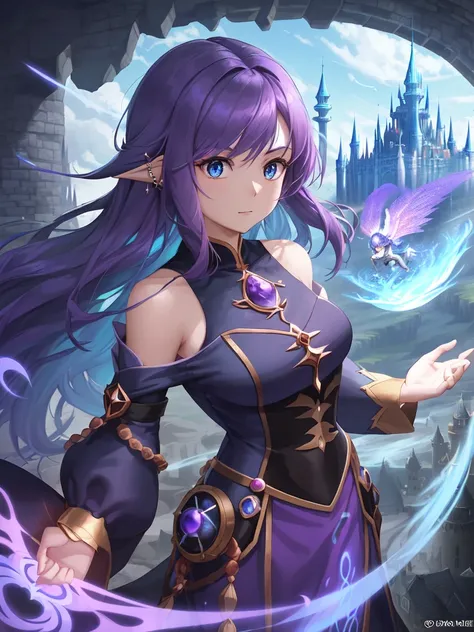 Create an anime poster for "Reborn in Another World," a series about a powerful sorceress named Aiko. Aiko is a stunningly beautiful woman with (long, flowing) purple hair and (mesmerizing, piercing) blue eyes. She wears a (sleek, form-fitting) black and purple outfit with (flowing, billowing) sleeves. The poster should capture the epic adventure and magic of the series, with fantastical elements such as (swirling magic, flying dragons, and soaring castles). The title should be written in bold, stylized letters, with the tagline, "(Discover a) new world of adventure."