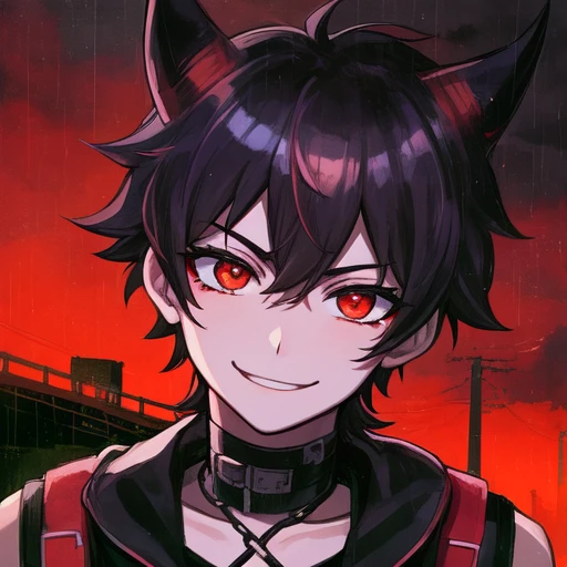 (masterpiece, beautiful, highres), illustration, 1boy, solo, (((cartoon style: 1))), (western cartoon), demon boy with horns, portrait, smiling, black anime medium-short length hair, cute, pink lips, red eyes, young adult, cyberpunk streetwear, rainy sky, cityscape, red hue skin, looking at viewer, bright colors, daytime, ((front facing: 3)), closed mouth, thick lineart: 0.6, red eye, green eye, smug