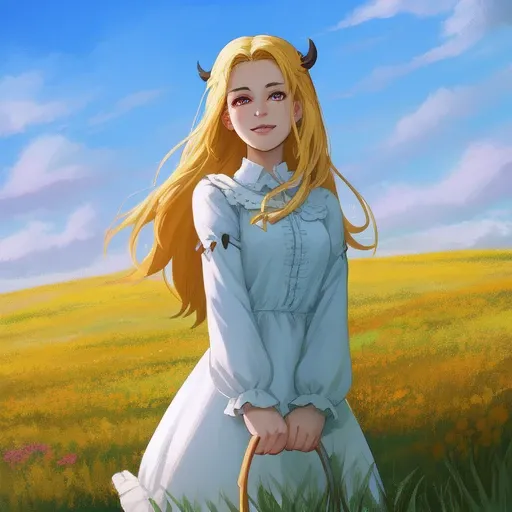 (masterpiece, beautiful, highres), illustration, 1girl, solo, (((cartoon style: 1))), (western cartoon), demon girl with horns standing in a meadow, meadow background, portrait, smiling, blonde braided long hair, cute, pink lips, red eyes, young adult, white frilled dress, clear sky, fluffy clouds, red hue skin, medium breast, looking at viewer, bright colors, daytime, ((front facing: 3)), (full lips: 2), closed mouth, thick lineart: 0.6
