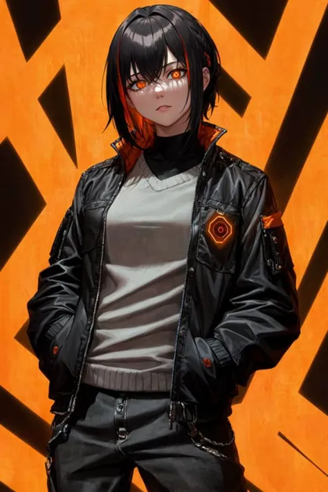 bobcut, (makima:0.2),(csm_style),(chainsaw_man_style),(highres:1.1), best quality, (masterpiece:1.3), beautiful lighting, intricate (high detail:1.2), 1girl, big breasts, (scaly), (high detail black scales: 1.5), (intricate redscaly skin : 1.5), (red colored skin), multicolor, (makima_eyes:1.1), (black hair:1.1), ((hi-res orange eye)), (glowing_eye:1.2), (hi-res hands), (hi-res fingers), (5fingers), (elongated face), eye pupils dot, puts his hand on his gauss, black tokyo style jacket, hands in pockets, (unzipped jacket), Black jacket unbuttoned, medium