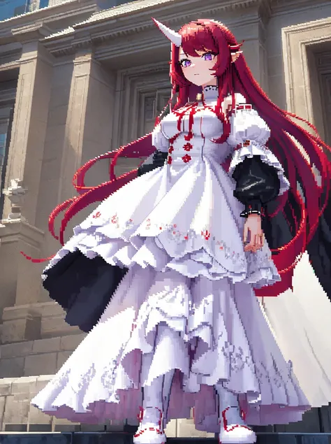 1girl, red hair, long hair, violet eyes, head horn, 2horn, medium horn, big bust, white dress, white shoes, (pixel art), small details, ultra detailed