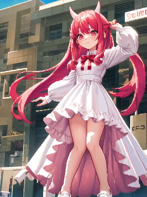 1girl, red hair, long hair, pink eyes, head horn, medium bust, white dress, white shoes, (pixel art), small details, ultra detailed