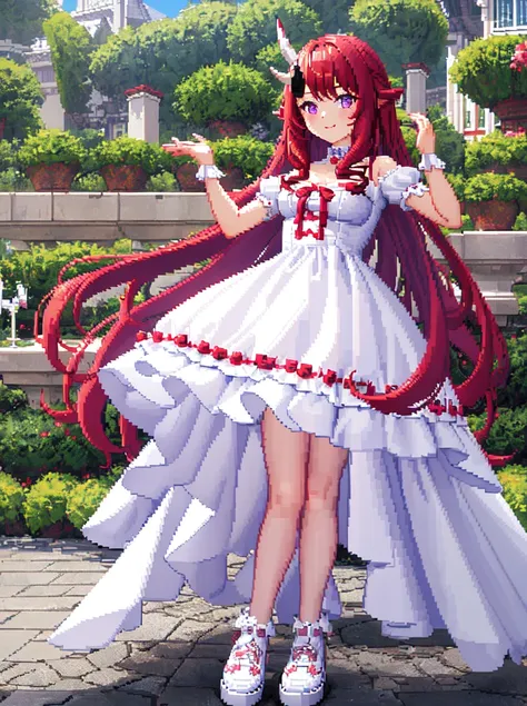 1girl, red hair, long hair, curly hair, violet eyes, head horn, 2 horn, medium horn, big bust, summer dress, white dress, white shoes, (pixel art), small details, ultra detailed