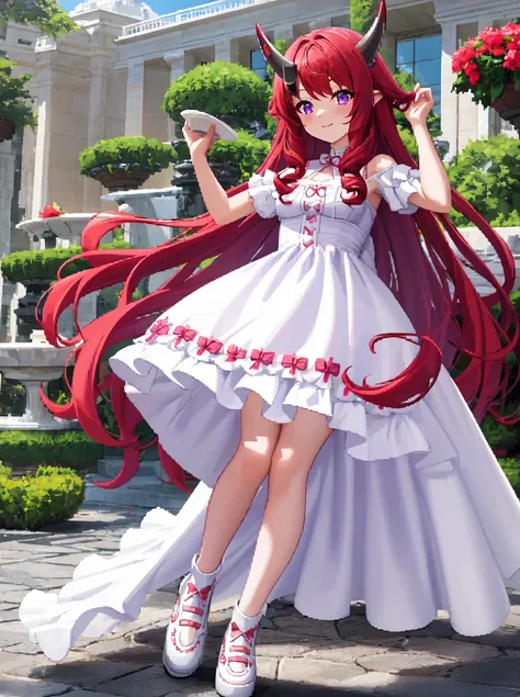 1girl, red hair, long hair, curly hair, violet eyes, head horn, 2 horn, big bust, summer dress, white dress, white shoes, (pixel art), small details, ultra detailed