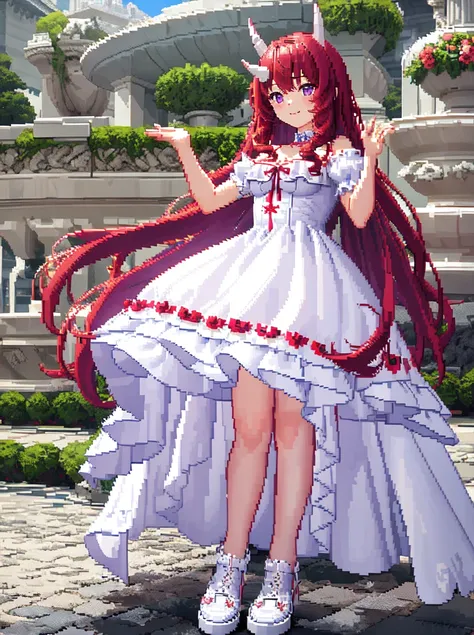 1girl, red hair, long hair, curly hair, violet eyes, head horn, medium horn, 2 horn, big bust, summer dress, white dress, white shoes, (pixel art), small details, ultra detailed