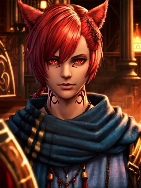 <lora:Copy of last:.6>, (masterpiece), Graha,1boy, male focus, solo, animal ears, red eyes, red hair, miqo'te, tattoo, neck tattoo, cat ears, looking at viewer, hair between eyes, facial mark, x hair ornament, hair ornament, holding, bangs, slit pupils, braid, glowing, short hair, portrait, jewelry, short ponytail, guweiz wlop, rim lighting, extremely detailed