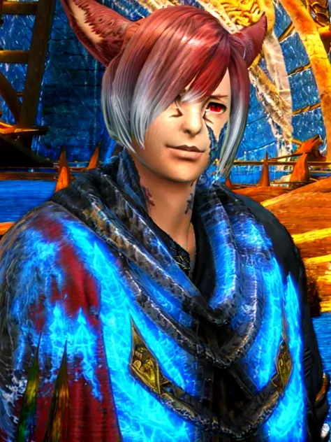 <lora:Copy of last:1>, (masterpiece), Graha, animal ears, 1boy, male_focus, solo, miqo'te, red eyes, cat ears, multicolored hair, short hair, slit pupils, crystal, two-tone hair, red hair, hair over one eye, gradient hair, white hair, bangs, facial mark, upper body, guweiz wlop, rim lighting, extremely detailed