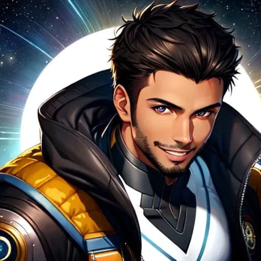 best quality, semi-realistic, a portrait of a smiling young adult man with light brown skin, short black hair, goatee, jacket, space captain, detailed face, detailed eyes, (black background), (no background), masterpiece