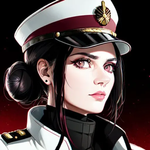 best quality, semi-realistic, a portrait of an adult woman, serious expression, black hair in a bun, (hazel eyes), (white and burgundy futuristic military uniform), officer cap, space captain, detailed face, detailed eyes, (black background), (no background), masterpiece