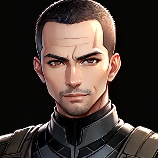 best quality, semi-realistic, a portrait of an adult man with light brown skin, thai, short black buzz cut, widow's peak, brown eyes, futuristic military uniform, smirk, detailed face, detailed eyes, (black background), (no background), masterpiece