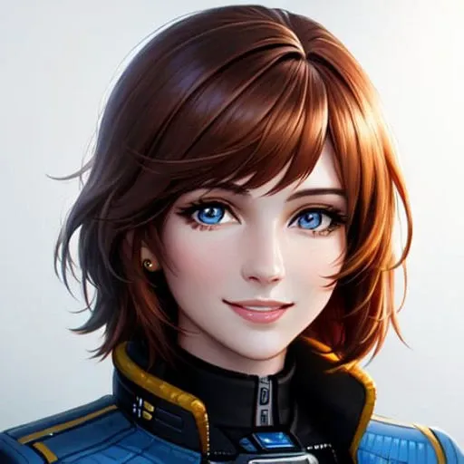 best quality, semi-realistic, a portrait of a smiling young adult woman, auburn hair, jacket, space captain, detailed face, detailed eyes, pretty face, (black background), (no background), masterpiece