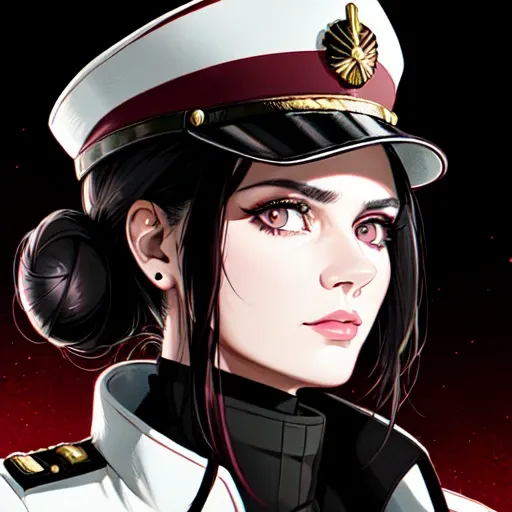 best quality, semi-realistic, a portrait of an adult woman, serious expression, black hair in a bun, (hazel eyes), (white and burgundy futuristic military uniform), officer cap, space captain, detailed face, detailed eyes, (black background), (no background), masterpiece