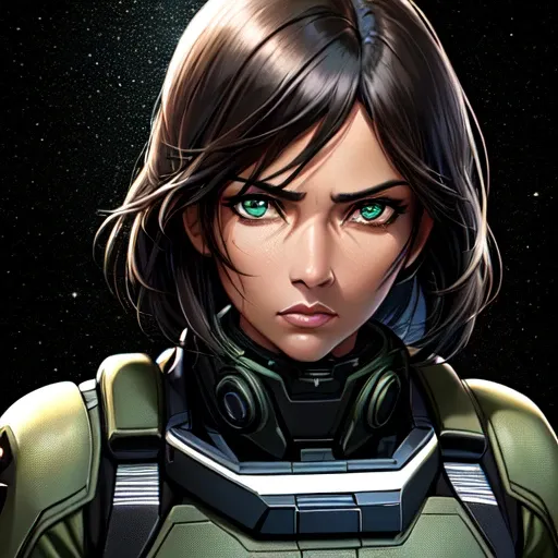 best quality, semi-realistic, a portrait of an adult woman with light brown skin, serious expression, black hair, bulletproof vest, dark green uniform, space captain, detailed face, detailed eyes, (black background), (no background), masterpiece