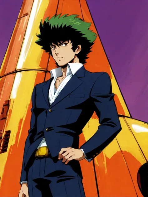 cowboy_bebop, Spike_Spiegel \(cowboy bebop\), cowboy_bebop style, spaceship, shrugging, tall, slim, dark green hair and brown eyes, suit, Spike_Spiegel, bounty hunter, on a spaceship, anime screencap, 2000s \(style\), slothful, nonchalant, indifferent, and lazy, Laid-back, fearless, and quick-thinking