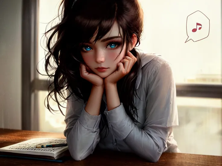 volumetric lighting, silky_hair, light shining through the window, korean_style, city, (spoken_musical_note:1.3),
masterpiece, best quality, ultra-detailed,
female, solo, high school girl, digital art, brunette, ponytail, green pupils, eyes, confident expression, average chest size, school uniform, detailed background of a classroom, sitting at a desk, (writing in a notebook), hide hands,
cowboy shot, contrapposto, looking at viewer, highres, superb, 8k wallpaper, extremely detailed, intricate, soft lighting, 4k, smooth lighting, 8k, depth of field, masterpiece, smooth focus, hyper detailed, detailed eyes, eyes focus, (mid shot1.25), (portrait:1.25), (solo:1.2), (beautiful face:1.15),
(nixeu_soft:0.7), (nixeu_white:0.7),