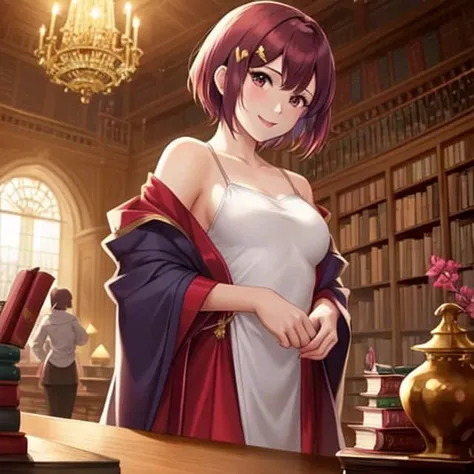 1girl, adult woman, posing in front of books, smile,, short hair, burgundy hair, library full of books, hand in the backs, posing on a table full of books, posing to the viewer, looking at the viewer, no hat, wear hairpin, hands on the back, adult woman, wear royal robes, small breast