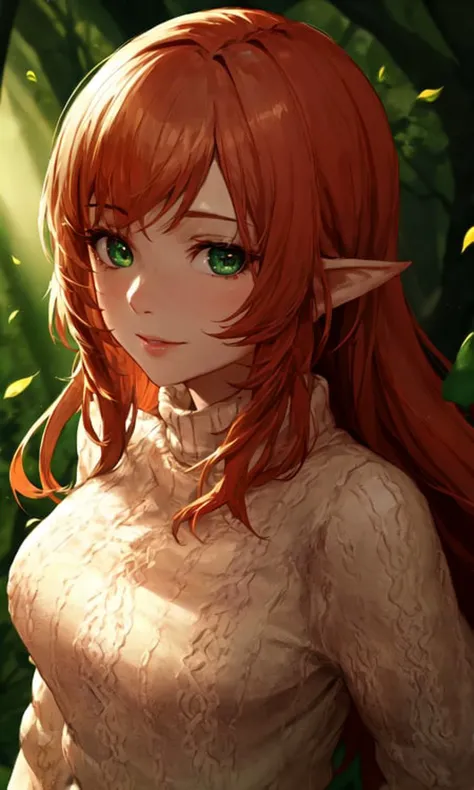 Masterpiece, best quality, 1girl, solo, orange hair, green eyes, close-up, pointy ears, green turtleneck sweater, in a forest, trees, flowers,  detailed background, depth of field, rimlighting, specular highlights, bloom, atmospheric lighting, (colorful, vivid, sunlight, warm lighting:1.2)