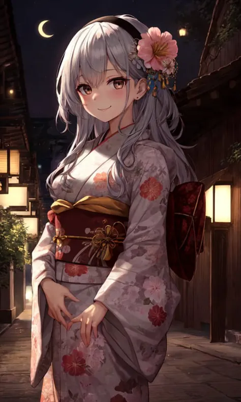 incoming hug, shokaku, 1girl, solo, long_hair, looking_at_viewer, smile, hair_ornament, long_sleeves, brown_eyes, full_body, flower, white_hair, grey_hair, hairband, japanese_clothes, alternate_costume, hair_flower, wide_sleeves, kimono, bag, sash, fur_trim, alternate_hairstyle, headband, obi, floral_print, white_kimono, tabi, fur-trimmed_kimono, masterpiece, best quality, 1girl, solo, night, colorful, cityscape,