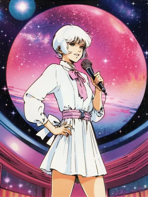 ((best quality)) , ((masterpiece)), ((ultra-detailed)), ((1girl)), girl, ((vibrant colors)), 1980s (style), ((short brown hair)), 80s white hair, (white dress), ((Thump)) (pink ribbon and belt), ((indoor in front of space galaxy stage)), (microphone in hand),, 4 fingers, <lora:GoodHands-vanilla:1>, undefined<lora:msbqy:0.7>