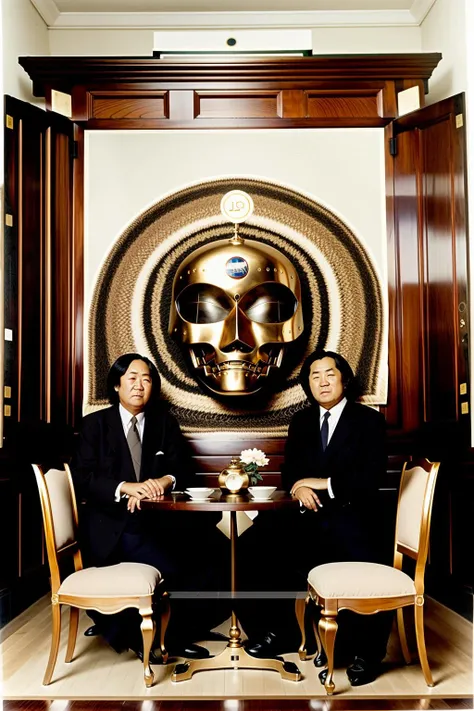 cult , a group of people in suits and masks standing in a living room with a table and chairs in front of them, Damien Hirst, promotional image, an album cover, neoism
