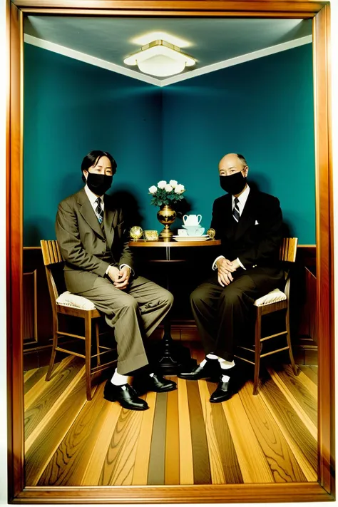 cult , a group of people in suits and masks standing in a living room with a table and chairs in front of them, Damien Hirst, promotional image, an album cover, neoism