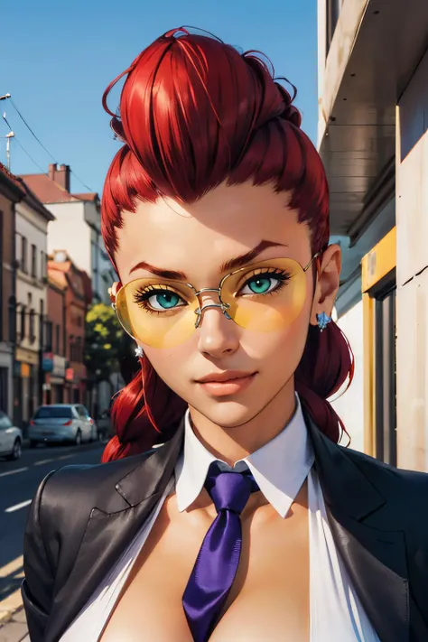 crimvip, red hair,earrings, pompadour, single braid, yellow glasses,cleavage, necktie between breasts, shirt, black jacket, looking at viewer, smiling, portrait,
outside, blue sky, extreme detail, extreme detail, masterpiece, <lora:CviperMVC-10:.6>