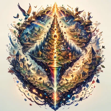 (((award winning photo of A gold goblin who walks over a rainbow in a fairy magical world surrounded by fairies and mythical creatures with a bulging pot of gold and loses gold coins on his way that fall down from the rainbow))). ã» 2 f2 from above the scene is about to start moving toward the light of his house, which is also a fairy world full of fairy creatures, stunning 3d rendered graphics, 8k resolution, artstation winner , artstation, greece, art, art nouveau, beautiful details of castle on the below, 4D Fantasy DMT Fantasy, highly saturated colors and soft natural colors, octane render with natural lighting and micro details by Asher Baderbahnweim and H.R. Giger, intricate details, high res resolution rendered with Arnold render and Unreal Engine and Beeple and H.r. r. giger and Giger. 3d octane render and Unreal 8k, <lora:MagicBook:1>