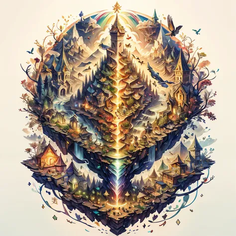 (((award winning photo of A gold goblin who walks over a rainbow in a fairy magical world surrounded by fairies and mythical creatures with a bulging pot of gold and loses gold coins on his way that fall down from the rainbow))). ã» 2 f2 from above the scene is about to start moving toward the light of his house, which is also a fairy world full of fairy creatures, stunning 3d rendered graphics, 8k resolution, artstation winner , artstation, greece, art, art nouveau, beautiful details of castle on the below, 4D Fantasy DMT Fantasy, highly saturated colors and soft natural colors, octane render with natural lighting and micro details by Asher Baderbahnweim and H.R. Giger, intricate details, high res resolution rendered with Arnold render and Unreal Engine and Beeple and H.r. r. giger and Giger. 3d octane render and Unreal 8k, <lora:MagicBook:1>