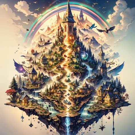 (((award winning photo of A gold goblin who walks over a rainbow in a fairy magical world surrounded by fairies and mythical creatures with a bulging pot of gold and loses gold coins on his way that fall down from the rainbow))). ã» 2 f2 from above the scene is about to start moving toward the light of his house, which is also a fairy world full of fairy creatures, stunning 3d rendered graphics, 8k resolution, artstation winner , artstation, greece, art, art nouveau, beautiful details of castle on the below, 4D Fantasy DMT Fantasy, highly saturated colors and soft natural colors, octane render with natural lighting and micro details by Asher Baderbahnweim and H.R. Giger, intricate details, high res resolution rendered with Arnold render and Unreal Engine and Beeple and H.r. r. giger and Giger. 3d octane render and Unreal 8k, <lora:MagicBook:1>