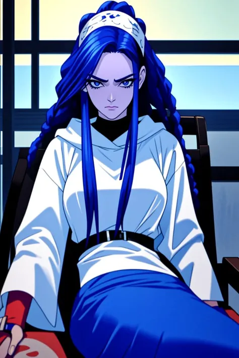 adult spanish woman,
blue hair, big dreadlocks
oversized white t-shirt
light makeup
mad, flared nostrils, furrowed brow, clenched jaw
sports car hood
(reclining on rocking chair:1.2)
