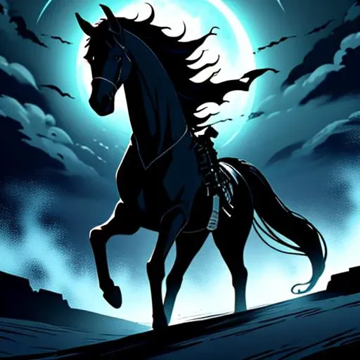 In the dim moonlight, the Dullahan emerges—a headless rider draped in tattered robes, carrying a spine for reins. Its hollow torso emits eerie glows, illuminating the night with spectral flames, as its horse gallops with thunderous hooves, echoing dread across the misty moors.