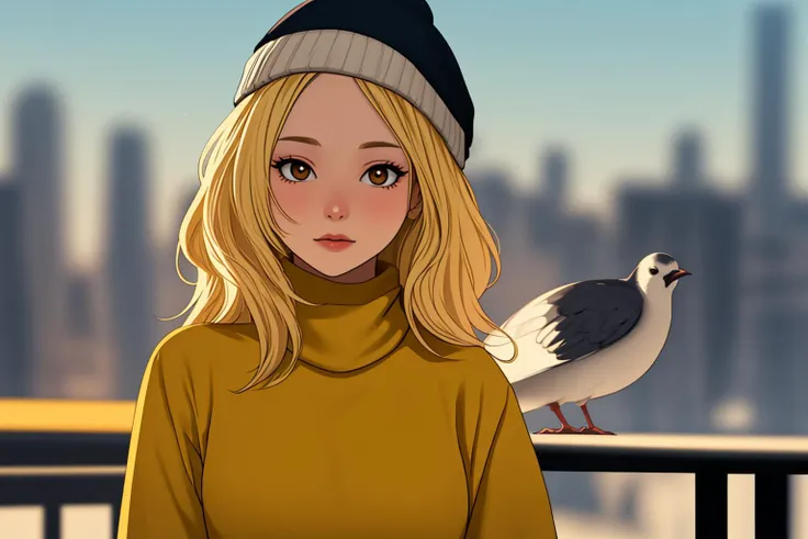 masterpiece, best quality, 1girl, upper body, blonde hair, beanie, turtleneck, yellow sweater, city background, holding bird