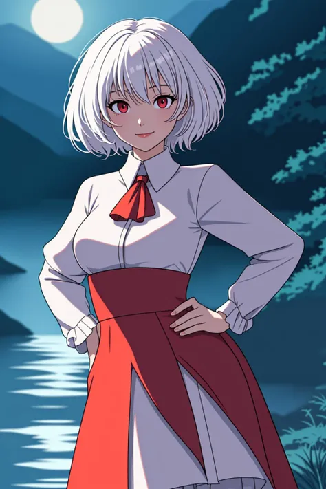 (masterpiece, best quality,) 1girl, portrait,
short hair, white hair, red eyes, smile, red dress, frills, white skirt, hand on hip,
depth of field, looking at viewer, night, mountain, river, forest,