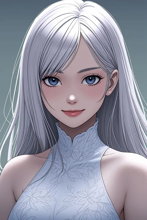 (masterpiece, best quality), intricate details, thin, ((slim)), beautiful girl, perfect face, expressive eyes, silver hair, white skin, silver eyes, sharp jawline, dress, messy hair, plump lips, upper body, smile, closed mouth,