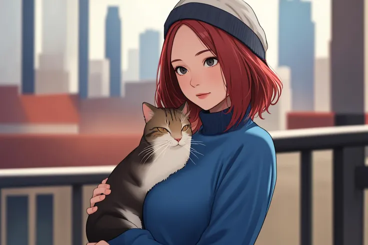 masterpiece, best quality, 1girl, upper body, red hair, beanie, turtleneck, blue sweater, city background, holding cat